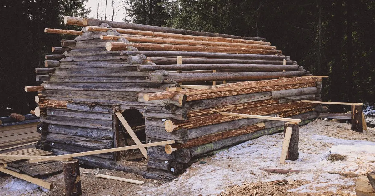 A rustic log cabin in the woods on an overcast day with various building materials around it for renovation.