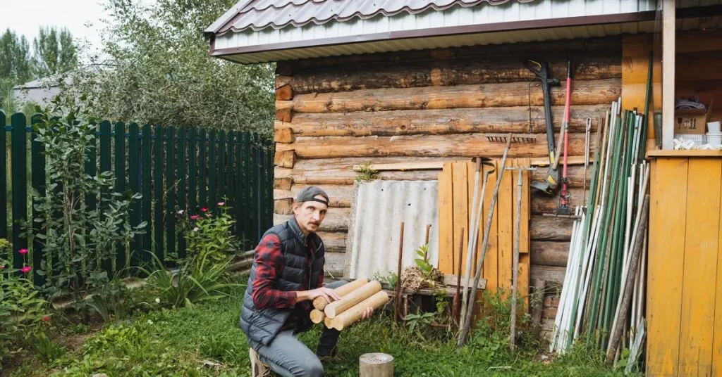 A man wearing a flannel shirt and vest kneeling down in front of a log cabin while holding a pile of wood.
