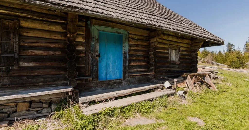 The front porch of an old log cabin with weeds growing underneath the steps surrounded by trees beneath a blue sky.